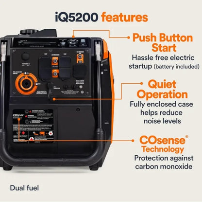 Generac iQ5200 DF 3900 Watt Electric Start Dual Fuel Inverter Generator